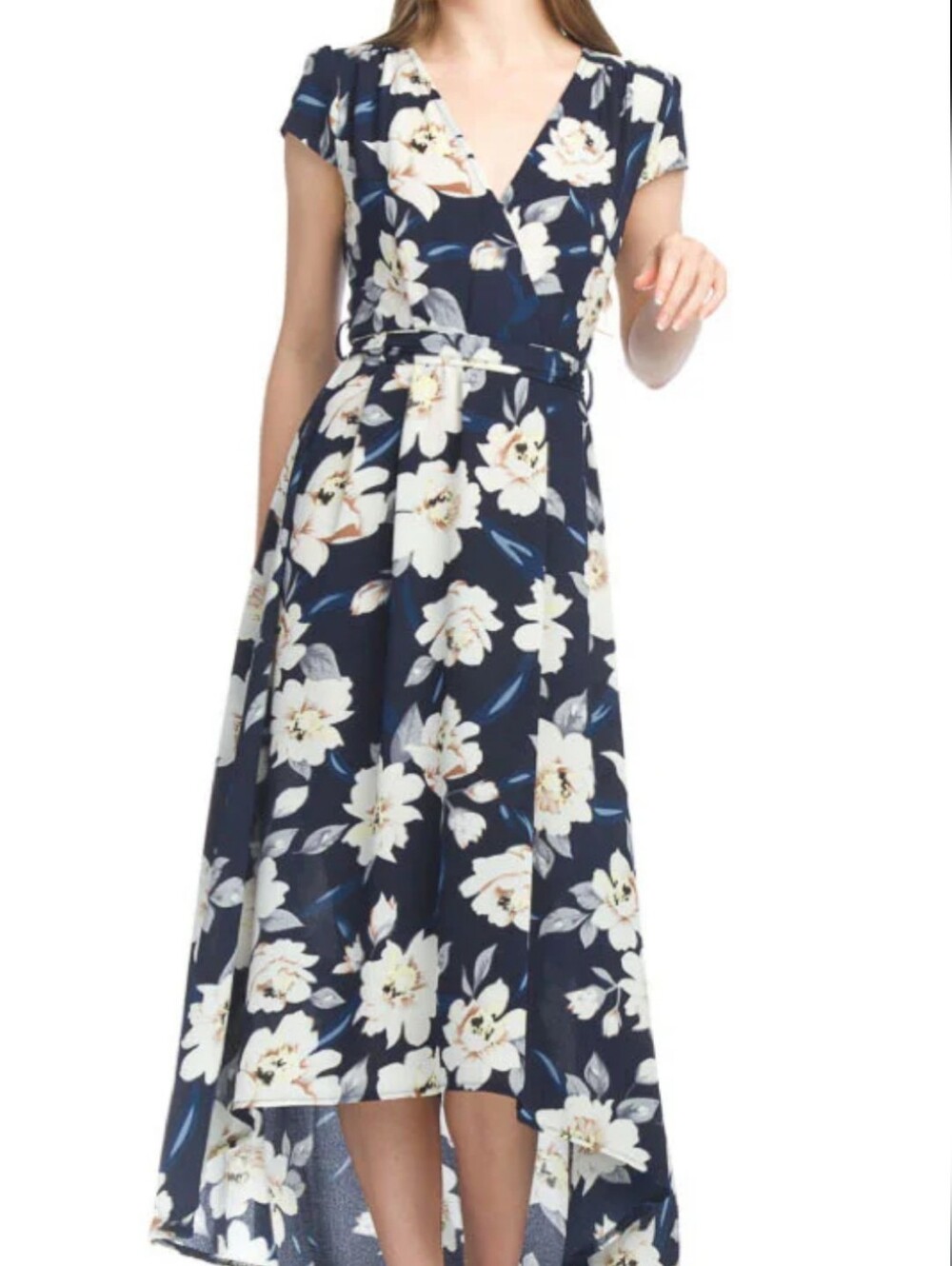 Papillon Clothing floral crepe high-low wrap dress